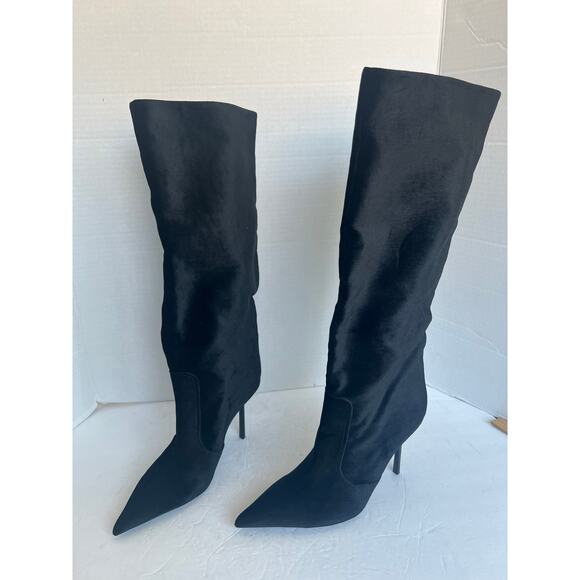 NWT Zara Black Velvet Slouchy Pointy Toe High Heeled Knee High Dressy Boots 10 - Picture 1 of 11